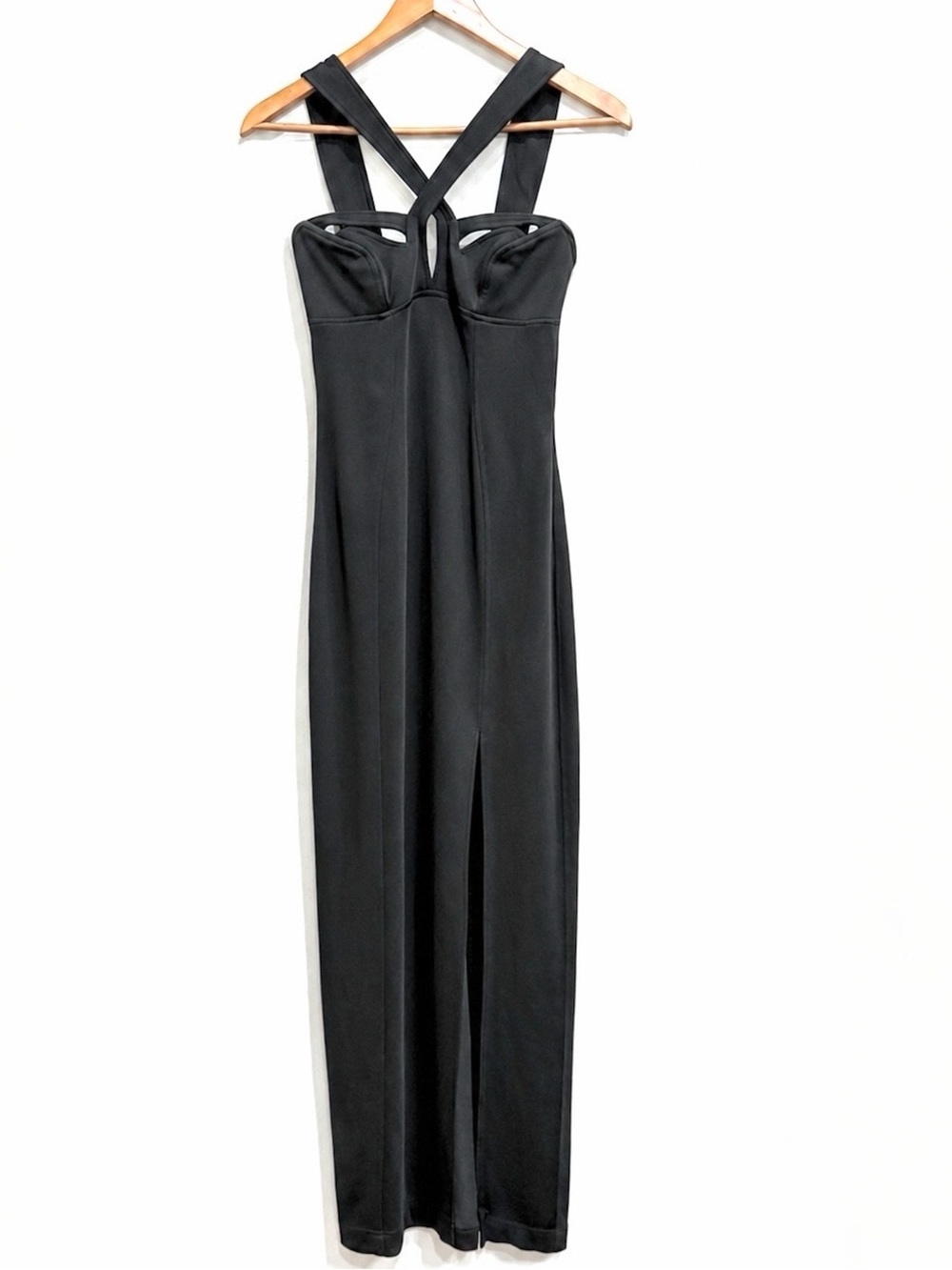 Vintage 90s Tadashi for Caché Black Bondage Bustier Strap Ponte Knit Gown  XS